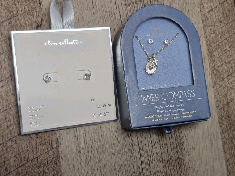 14K Gold Dipped Earrings/Necklace 16”+3” & Sterling Silver Diamond Earrings S6